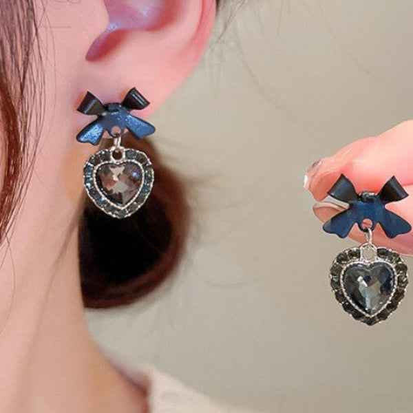 Black Bow Earrings - Heart Drop Jewelry & Gothic Coquette Studs