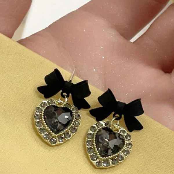 Black Bow Earrings - Heart Drop Jewelry & Gothic Coquette Studs