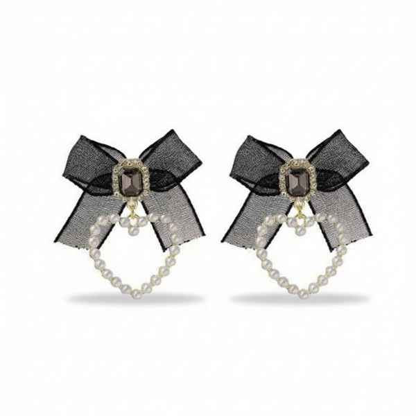 Luxury Black Bow Earrings with Pearl Heart Dangle Charm