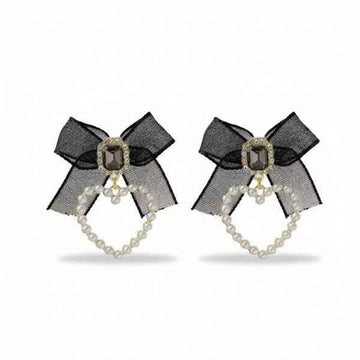 Luxury Black Bow Earrings with Pearl Heart Dangle Charm