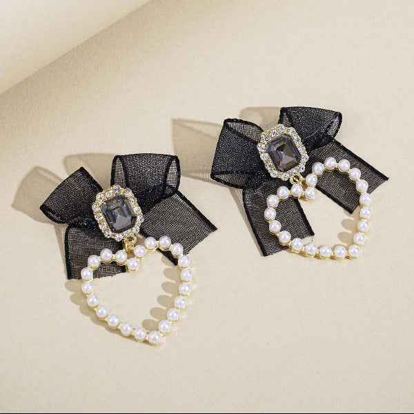 Luxury Black Bow Earrings with Pearl Heart Dangle Charm