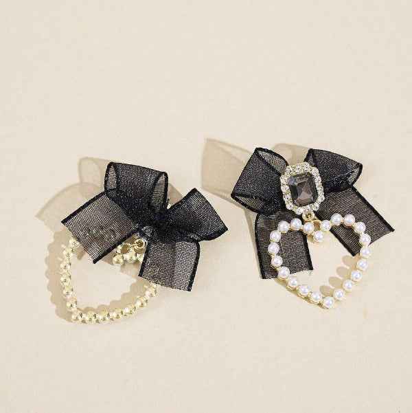 Luxury Black Bow Earrings with Pearl Heart Dangle Charm