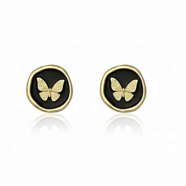 Black Butterfly Studs: Gold Vintage-Style Matte Enamel Earrings