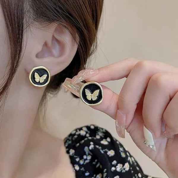 Black Butterfly Studs: Gold Vintage-Style Matte Enamel Earrings