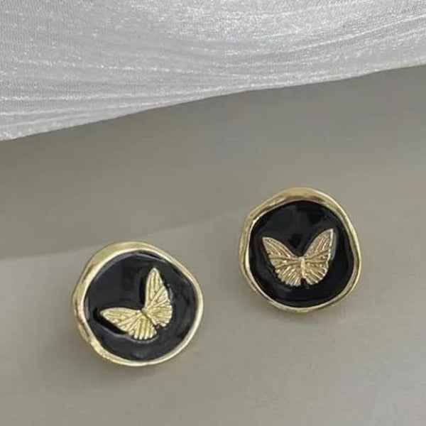 Black Butterfly Studs: Gold Vintage-Style Matte Enamel Earrings