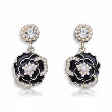 Black Camellia Drops | Vintage Gold Floral Pearl Dangle Earrings