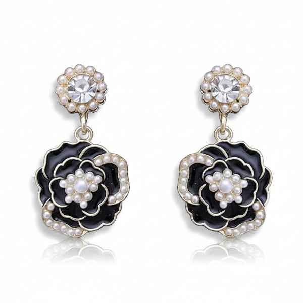 Black Camellia Drops | Vintage Gold Floral Pearl Dangle Earrings