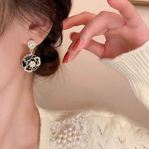 Black Camellia Drops | Vintage Gold Floral Pearl Dangle Earrings