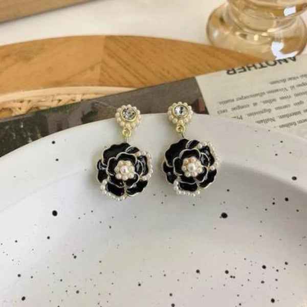 Black Camellia Drops | Vintage Gold Floral Pearl Dangle Earrings