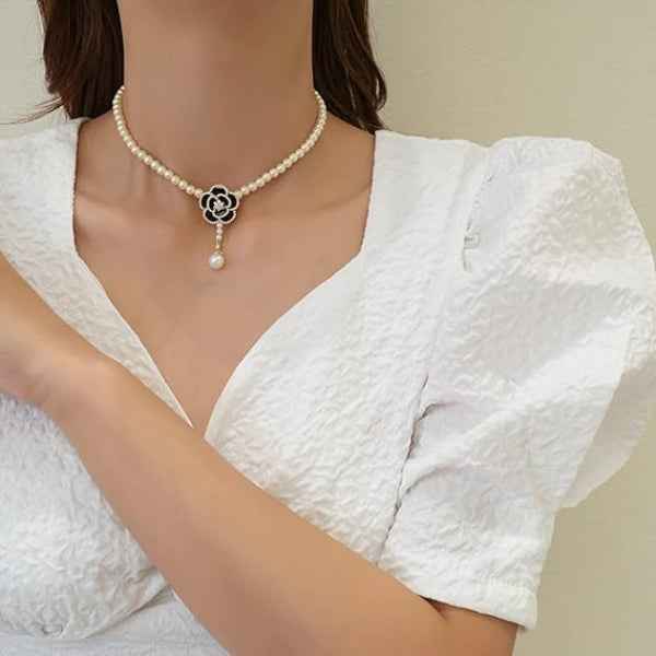 Black Camellia Pearl Necklace | Elegant Floral Pendant Pearl Jewelry