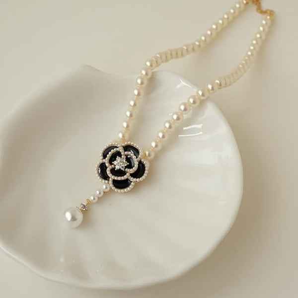 Black Camellia Pearl Necklace | Elegant Floral Pendant Pearl Jewelry