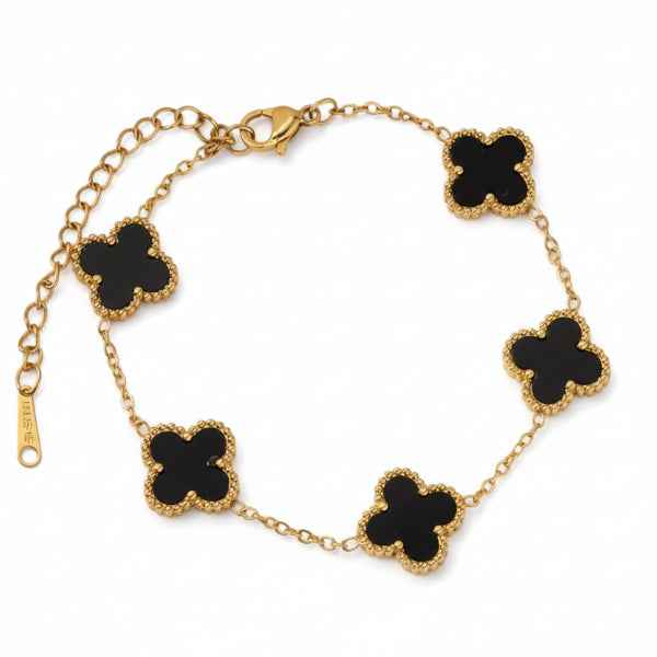 Radiant Black Clover Charm Bracelet | Polished Gold Link Jewelry