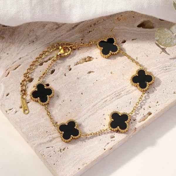 Radiant Black Clover Charm Bracelet | Polished Gold Link Jewelry