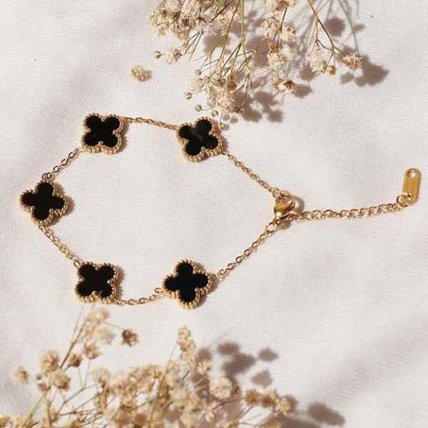 Radiant Black Clover Charm Bracelet | Polished Gold Link Jewelry
