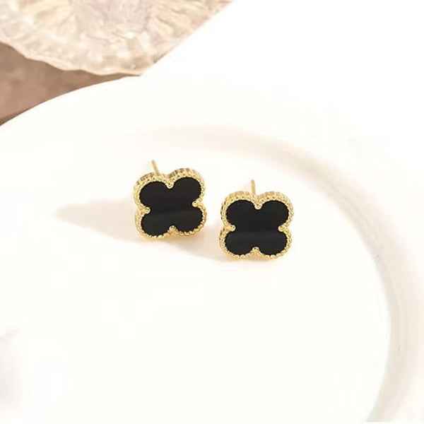 Black Clover Earrings - Gold Quatrefoil Studs Van Cleef Inspired Jewelry
