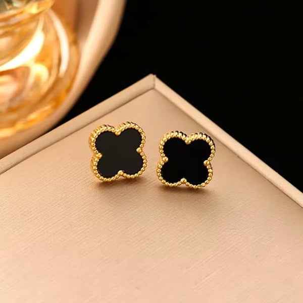 Black Clover Earrings - Gold Quatrefoil Studs Van Cleef Inspired Jewelry