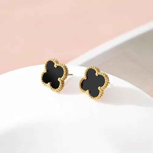Black Clover Earrings - Gold Quatrefoil Studs Van Cleef Inspired Jewelry