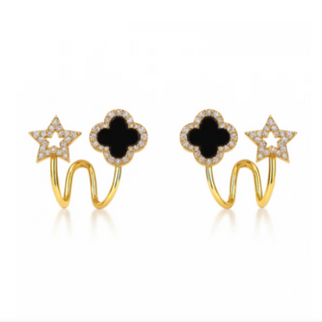 Black Clover Star Cuff Earrings | Dazzling Gold Plated Crawler Jewelry