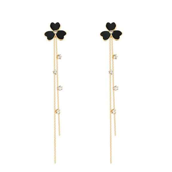 Stunning Black Clover Tassel Dangle Earrings | Chic Rhinestone Jewelry