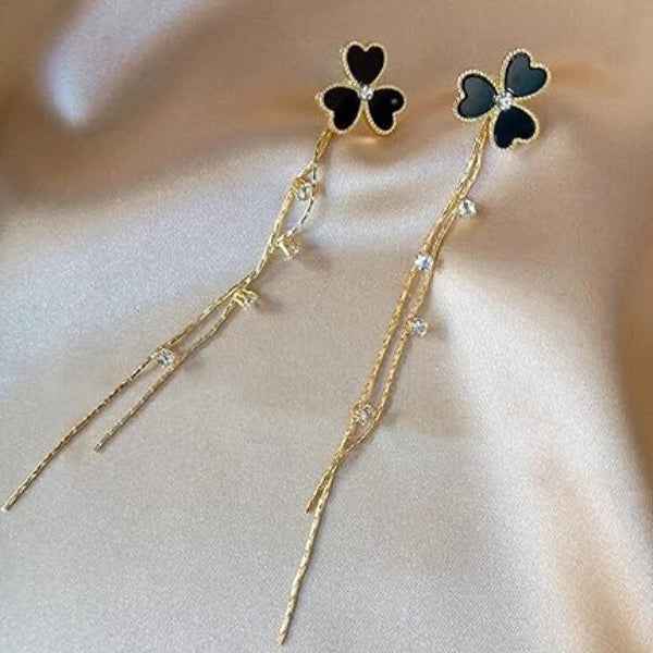 Stunning Black Clover Tassel Dangle Earrings | Chic Rhinestone Jewelry