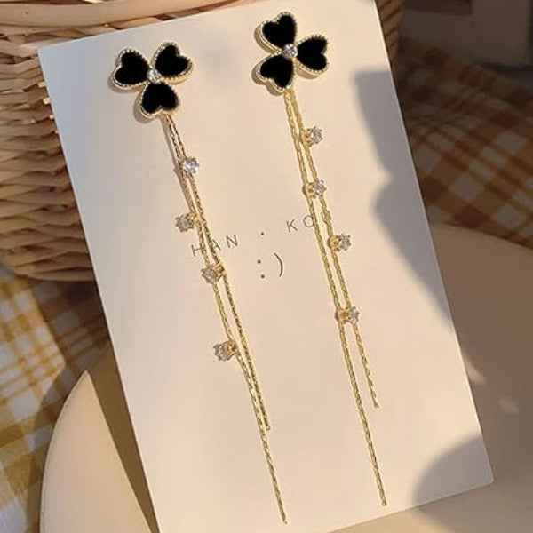 Stunning Black Clover Tassel Dangle Earrings | Chic Rhinestone Jewelry