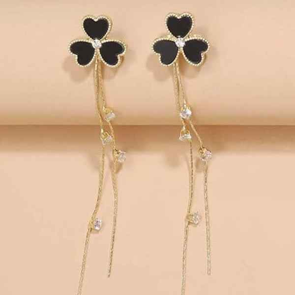 Stunning Black Clover Tassel Dangle Earrings | Chic Rhinestone Jewelry