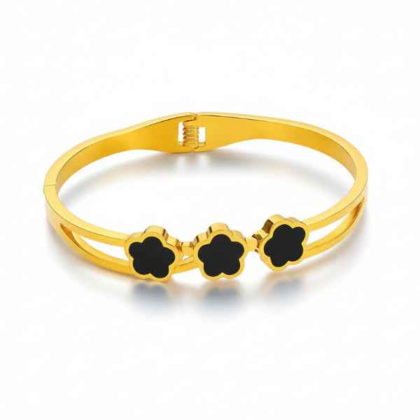 Black Floral Bangle: Trendy Gold Flower Charm Bracelet for Women