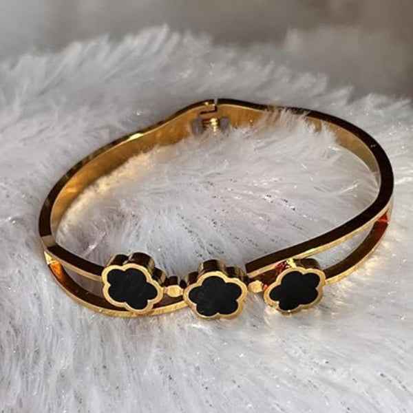 Black Floral Bangle: Trendy Gold Flower Charm Bracelet for Women