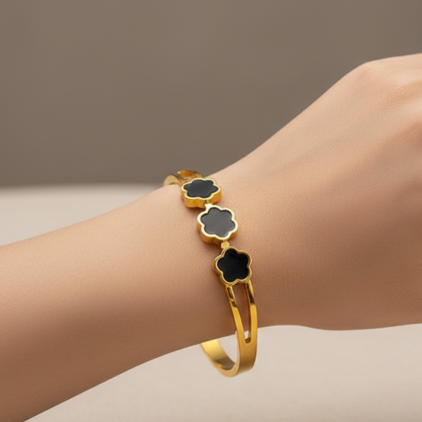 Black Floral Bangle: Trendy Gold Flower Charm Bracelet for Women