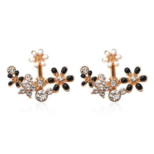 Black Floral Ear Jackets | Gold Crystal Crawler Dainty Flower Jewelry