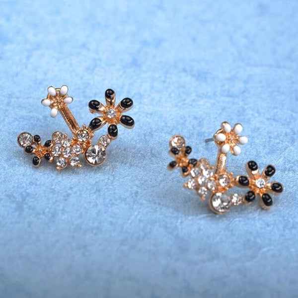 Black Floral Ear Jackets | Gold Crystal Crawler Dainty Flower Jewelry