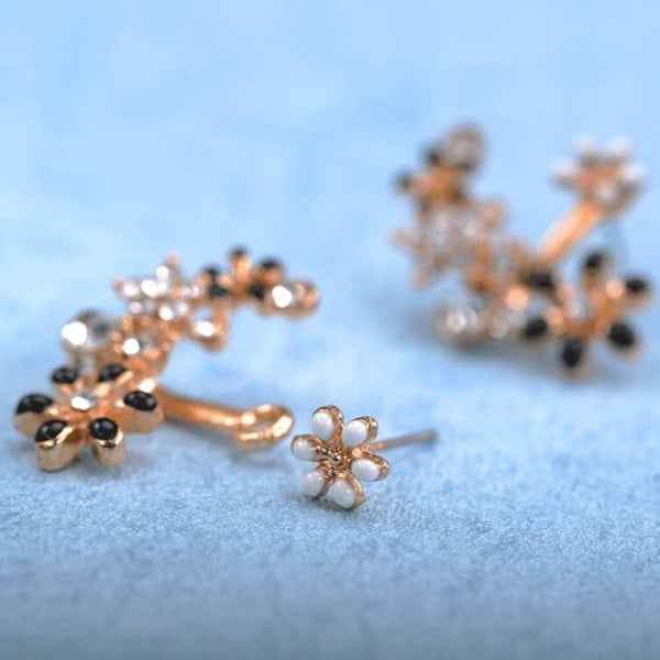Black Floral Ear Jackets | Gold Crystal Crawler Dainty Flower Jewelry