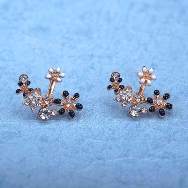 Black Floral Ear Jackets | Gold Crystal Crawler Dainty Flower Jewelry