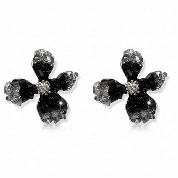 Black Flower Earrings | Dainty Gold Crystal Floral Bloom Stud Jewelry