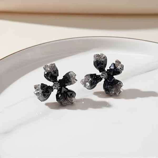 Black Flower Earrings | Dainty Gold Crystal Floral Bloom Stud Jewelry