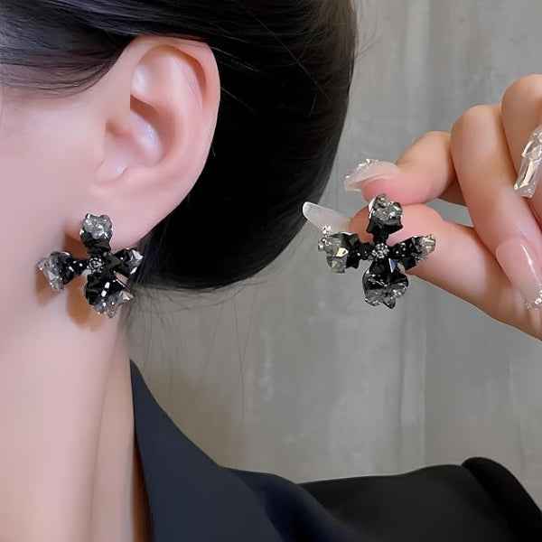 Black Flower Earrings | Dainty Gold Crystal Floral Bloom Stud Jewelry