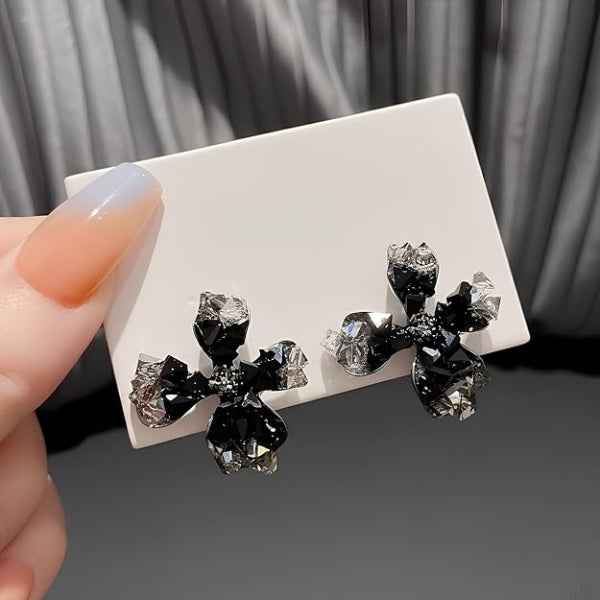 Black Flower Earrings | Dainty Gold Crystal Floral Bloom Stud Jewelry