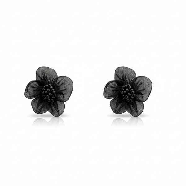 Black Flower Earrings - Mesh Stud Jewelry & Floral Fabric Studs