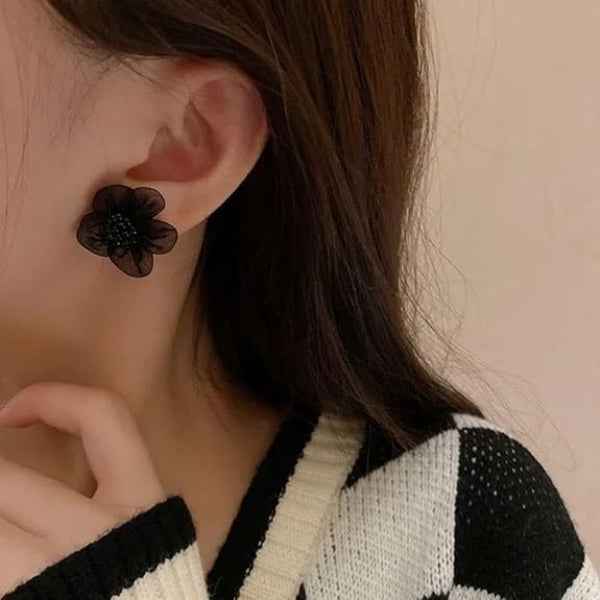 Black Flower Earrings - Mesh Stud Jewelry & Floral Fabric Studs