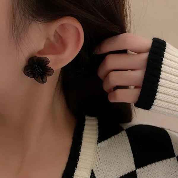 Black Flower Earrings - Mesh Stud Jewelry & Floral Fabric Studs