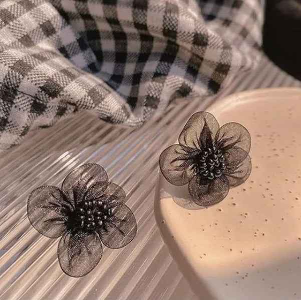 Black Flower Earrings - Mesh Stud Jewelry & Floral Fabric Studs