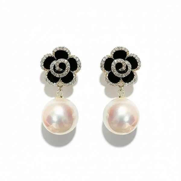 Glamorous Pearl Drop Earrings | Black Flower & Gold Toned Statement Studs