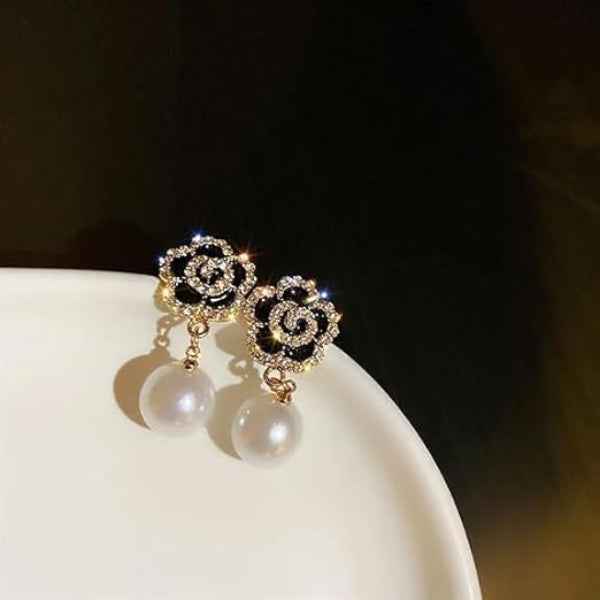 Glamorous Pearl Drop Earrings | Black Flower & Gold Toned Statement Studs