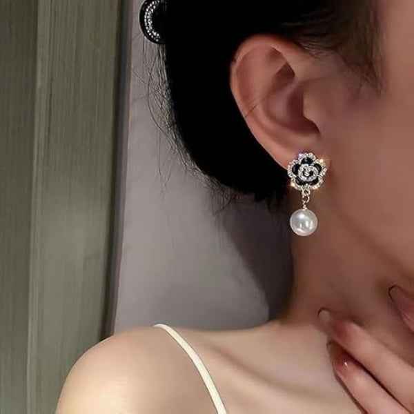 Glamorous Pearl Drop Earrings | Black Flower & Gold Toned Statement Studs