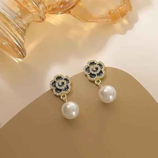 Glamorous Pearl Drop Earrings | Black Flower & Gold Toned Statement Studs