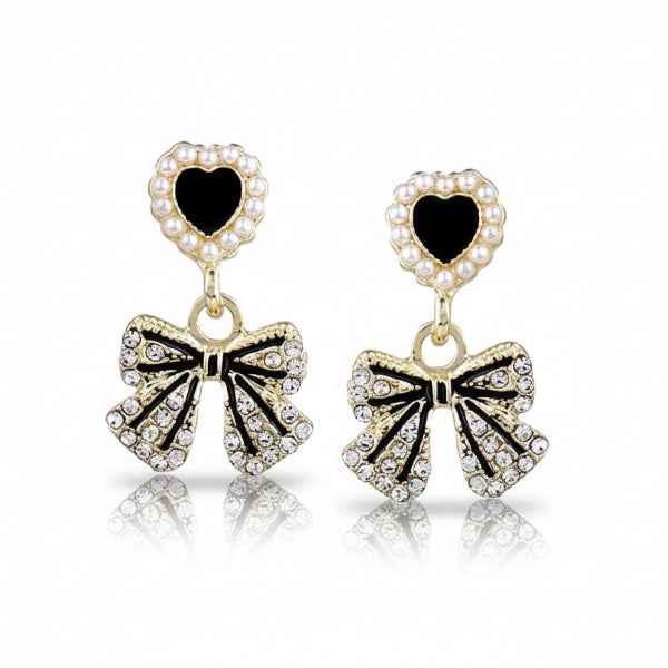 Black Heart Bow Earrings | Dainty Crystal Ribbon Drop Chime Jewelry