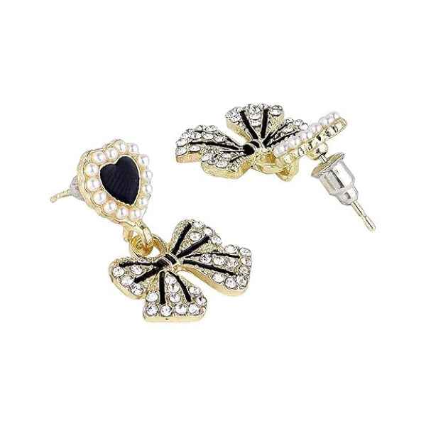 Black Heart Bow Earrings | Dainty Crystal Ribbon Drop Chime Jewelry