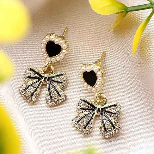 Black Heart Bow Earrings | Dainty Crystal Ribbon Drop Chime Jewelry
