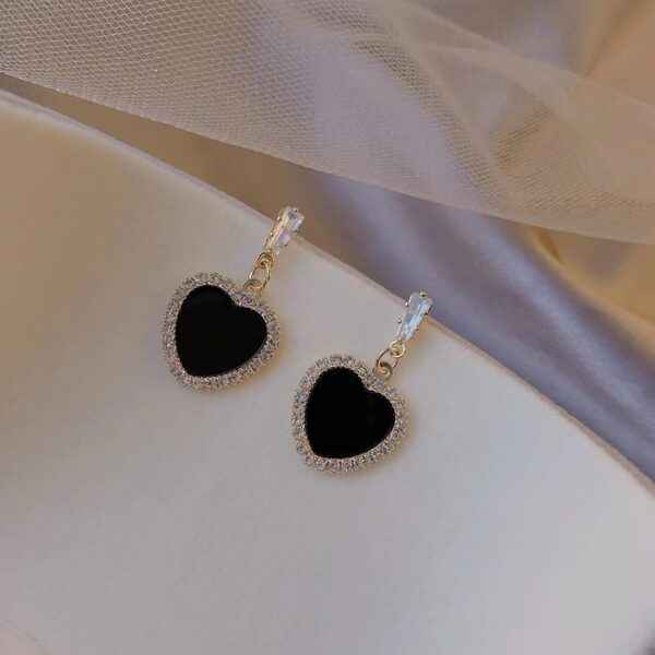 Black Heart Earrings: Gold Crystal Halo Drop Studs for Women