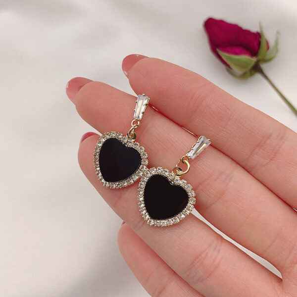 Black Heart Earrings: Gold Crystal Halo Drop Studs for Women